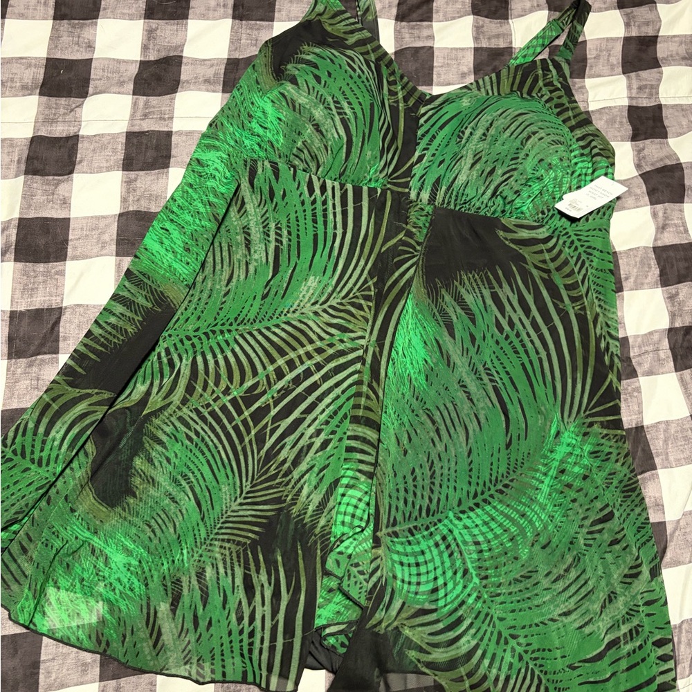 Cacique Green and Black Palm-Print One-Piece Swimdress